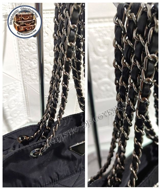 Preloved Quilted Nylon Chain Tote Bag Black (Category: Luxury Bags & Wallets) located in Santa Rosa. Submitted by bagtastic_discoveries (Listing ID 1469004863, Image 2). Description: - Color & Material: Black quilted nylon with a smooth upper section - Straps: Silver-tone chain interwoven with black leather - Details: Iconic triangle logo plaque on the front - Closure: Secure top zip closure - Interior: Roomy, clean fabric inside and out - Condit