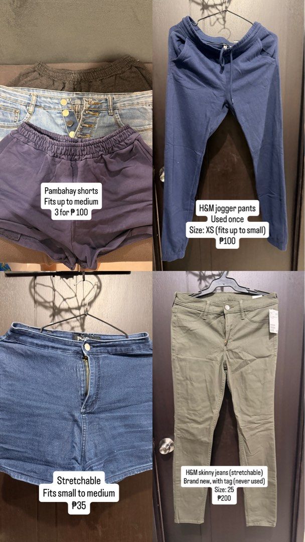 Preloved shorts and pants - decluttering (Category: Other Bottoms) located in Mandaluyong City. Submitted by decluttercon (Listing ID 1468952701, Image 2). Description: - prices are posted in the 2nd photo - take all for ₱400 📍San Juan City.