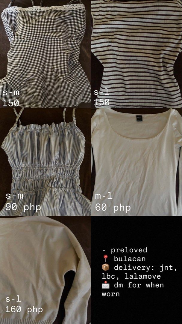 preloved clothes/tops 🪽 (Category: Blouses) located in Manila. Submitted by banopeyeo (Listing ID 1469051780, Image 1). Description: preloved clothes - Gingham tube top (Size S-M) - ₱150 - Brown striped top (Size S-L) - ₱150 - Blue striped sundress (Size S-M) - ₱90 - White long-sleeve top (Size M-L) - ₱60 - White sweater (Size S-L) - ₱160 - Send a dm for photos when worn.