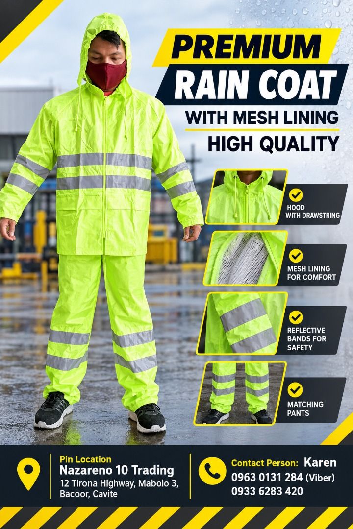 Premium Rain Coat with Sizes (Category: Looking For) located in Bacoor. Submitted by kajezame.2021 (Listing ID 1468982903, Image 1). Description: Premium Rain Coat with Sizes For More Details and Discount Contact Ms. Karen NAZARENO 10 TRADING 0963 0131 284 0933 6283 420 0956 7028 557 0933 8559 510 Landline: Look for Ms. Karen (046 ) 416 3920 Also available: • Traffic cone • Parking Block stopper • Hooded trash bin • Road Plastic Barrier • Spill b