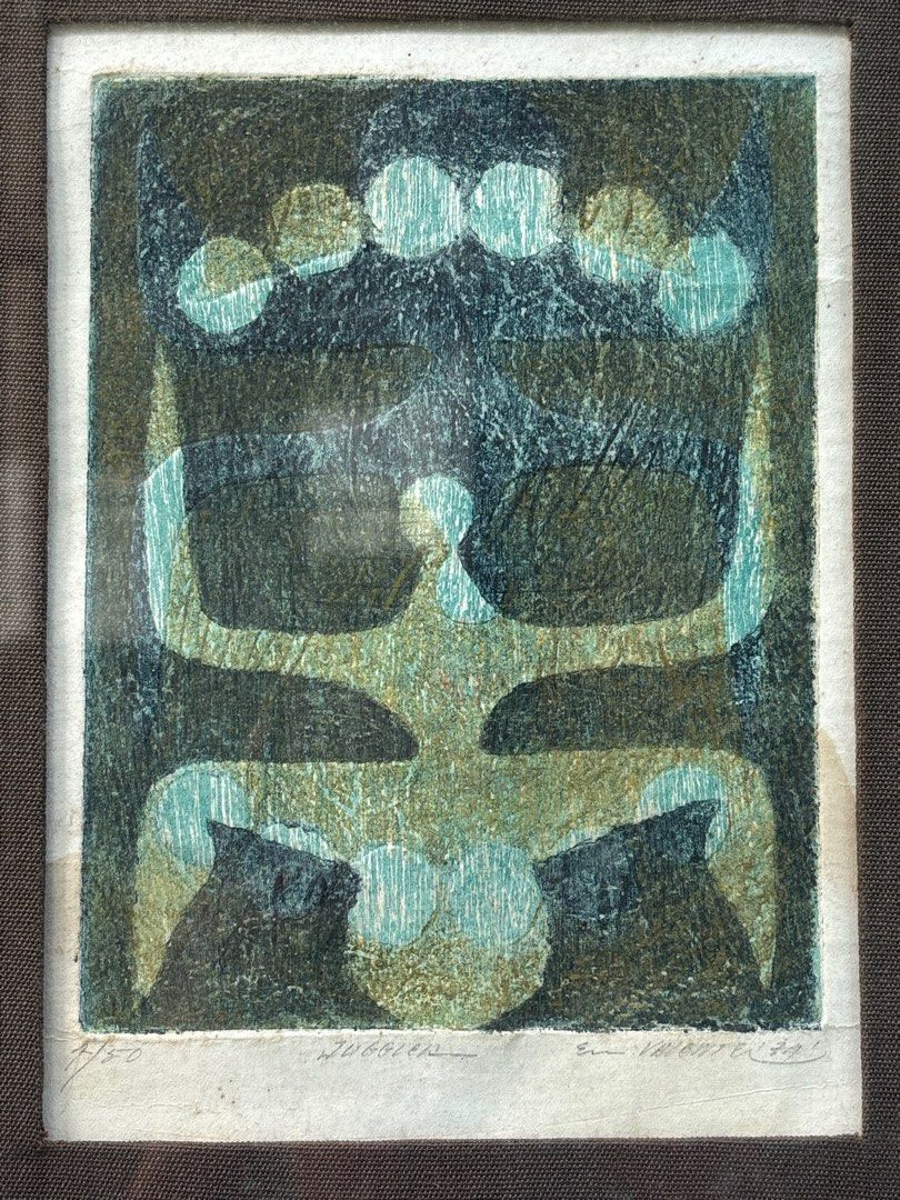 Print By Master Emet Valiente (Category: Art & Prints) located in Malolos. Submitted by jjantiques (Listing ID 1468953045, Image 2). Description: - Original abstract art print in earthy tones of green, blue, and black - Hand-signed and numbered 29/50 with authentic pencil inscriptions at the top - Elegantly framed in a dark wood frame with textured matting and a glass cover - Ready to hang and perfect for upgrading your home or office space.