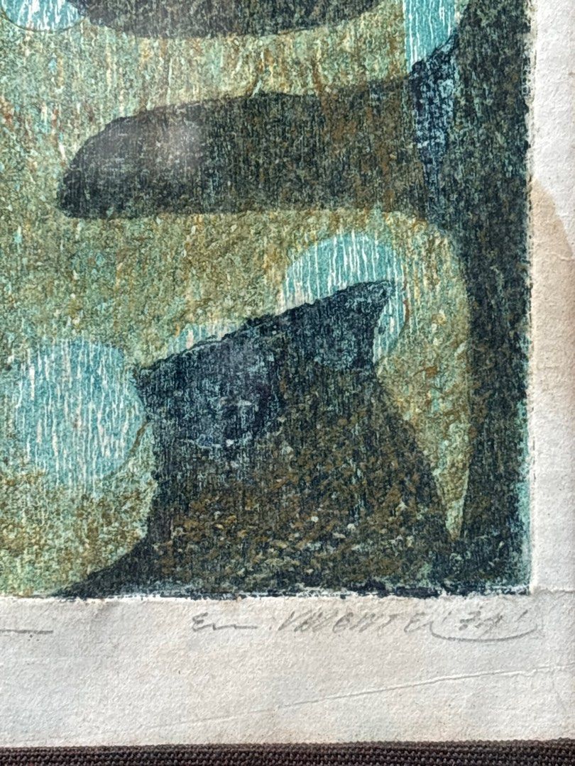 Print By Master Emet Valiente (Category: Art & Prints) located in Malolos. Submitted by jjantiques (Listing ID 1468953045, Image 3). Description: - Original abstract art print in earthy tones of green, blue, and black - Hand-signed and numbered 29/50 with authentic pencil inscriptions at the top - Elegantly framed in a dark wood frame with textured matting and a glass cover - Ready to hang and perfect for upgrading your home or office space.