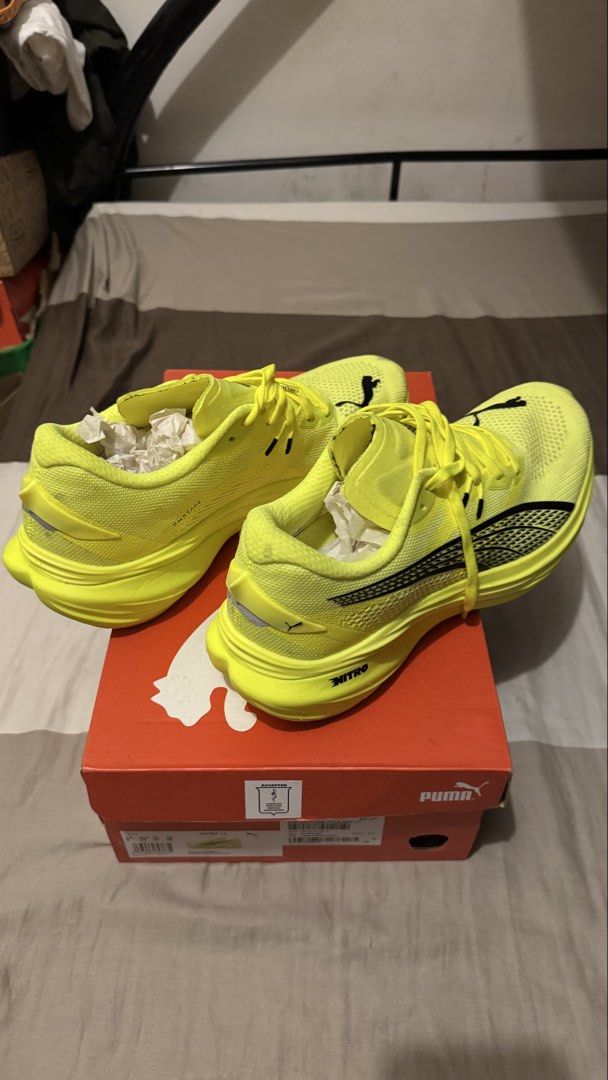 Puma Nitro Running Shoes Neon Yellow (Category: Sneakers) located in Manila. Submitted by kimlj (Listing ID 1468989916, Image 2). Description: - Brand: Puma Nitro running shoes - Color: Bright neon yellow with black Puma formstrip - Cushioning: Advanced Nitro foam midsole for superior comfort - Condition: Used Once, with box - Perfect for running, workouts, or casual wear.