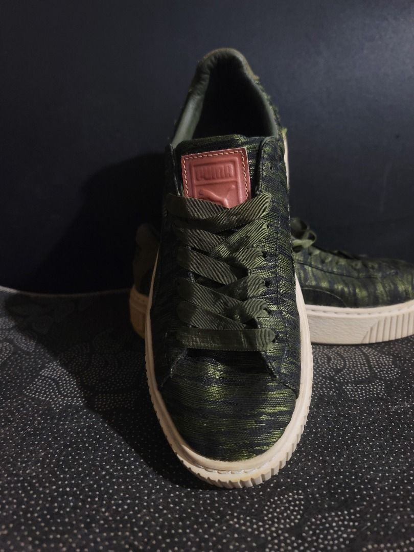 Puma Olive Green Metallic Platform Sneakers Size 37 (Category: Sneakers) located in Caloocan City. Submitted by remwil18 (Listing ID 1468935485, Image 1). Description: - Brand: Puma platform sneakers - Color/Material: Green metallic woven upper - Accents: Satin laces with rose gold logo patches on tongue and heel - Size: UK 4 / EUR 37 / US 6.5 - Style: Great casual everyday shoes.