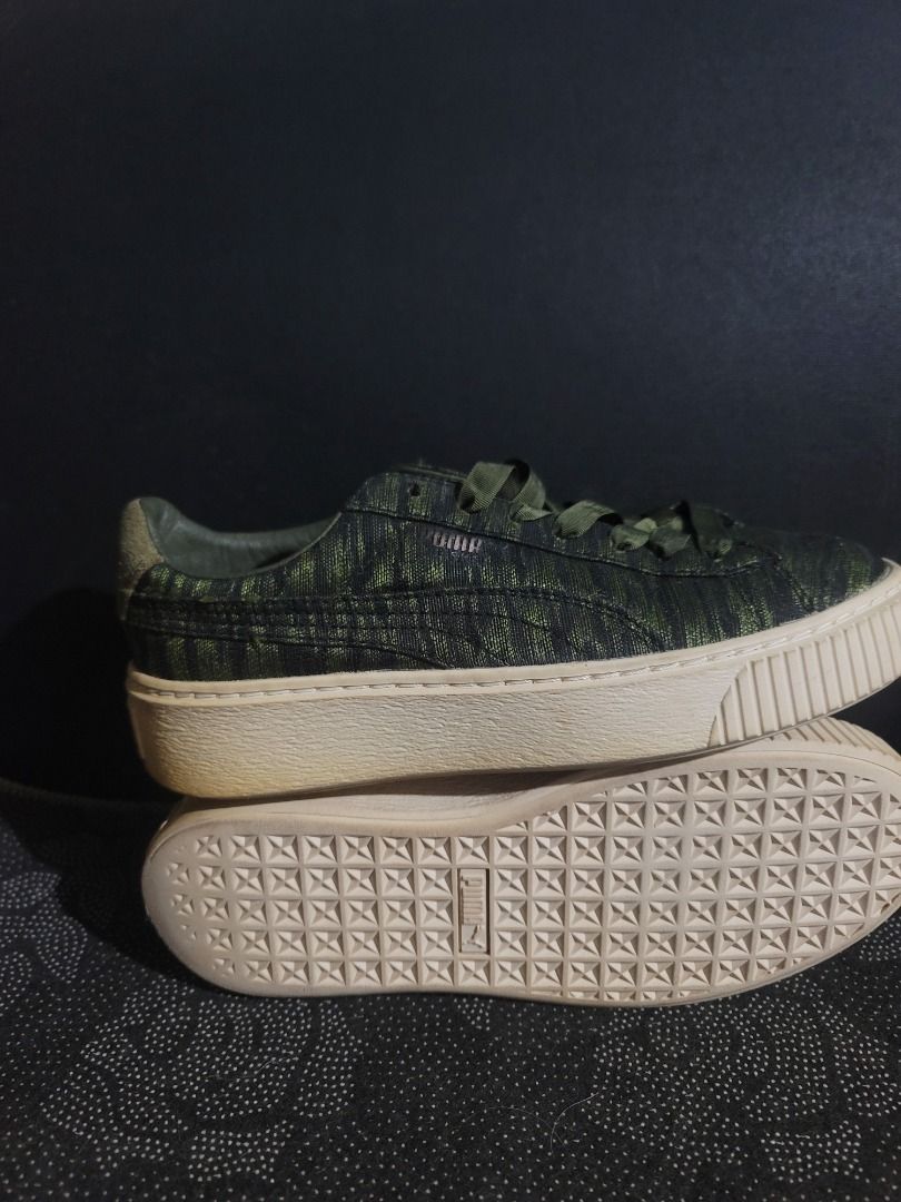 Puma Olive Green Metallic Platform Sneakers Size 37 (Category: Sneakers) located in Caloocan City. Submitted by remwil18 (Listing ID 1468935485, Image 3). Description: - Brand: Puma platform sneakers - Color/Material: Green metallic woven upper - Accents: Satin laces with rose gold logo patches on tongue and heel - Size: UK 4 / EUR 37 / US 6.5 - Style: Great casual everyday shoes.