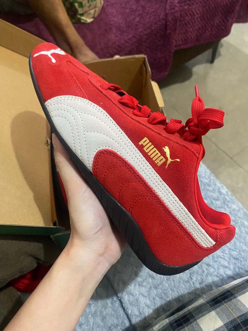 Puma Speedcat Red White Sneakers Size US 7 (Category: Sneakers) located in Santa Maria. Submitted by stealdealts (Listing ID 1469107893, Image 1). Description: - Model: Puma Speedcat - Color: Red and White - Size: US 7 / UK 6 / EUR 39 - Material: Premium suede upper with black rubber outsole - Comfort: OrthoLite insoles for everyday wear - Details: Gold Puma side branding and red cat logo on the tread - Inclusion: Original shoe box included BRAND
