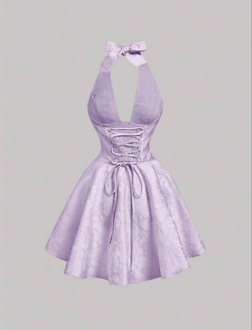 Purple Elegant Cocktail Halter Dress (Category: Dresses) located in Cainta. Submitted by abegailyap14 (Listing ID 1469009608, Image 2). Description: Jemour Elegant Women’s Jacquard Satin Halter Tie-Up Party Dress for 3 Days RENT ONLY . .