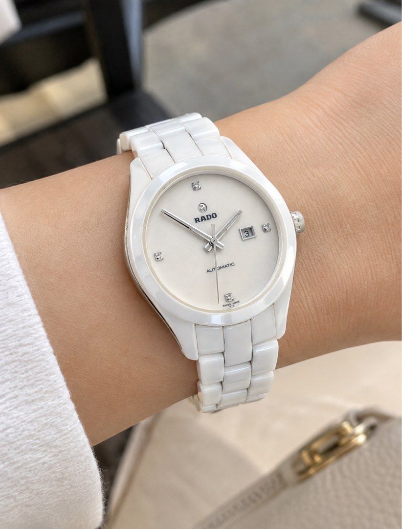 Rado True Automatic White Ceramic Diamond Watch (Category: Luxury Watches) located in Baliuag. Submitted by clicksmileph (Listing ID 1469074321, Image 1). Description: - Authentic Swiss-made Rado automatic watch - Stunning white high-tech ceramic case and link bracelet - White pearl dial with 4 sparkling diamond hour markers - Date window conveniently located at 3 o'clock - Scratch-resistant sapphire crystal glass - Visible automatic movement thr