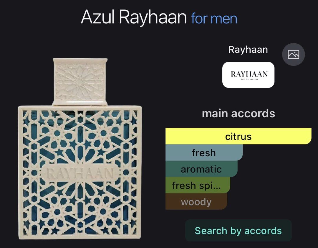 Rayhaan Azul Rayhaan for men (Category: Fragrance & Deodorants) located in Quezon City. Submitted by brave_dowayne (Listing ID 1469127795, Image 1). Description: - Item: Rayhaan Azul Eau de Parfum for Men - Condition: Brand new, sealed in original box packaging - Fragrance Accords: Citrus, fresh, aromatic, fresh spicy, and woody - Bottle Design: Eye-catching blue and white patterned bottle - Perfect for daily use, gifting, or as an addition to yo