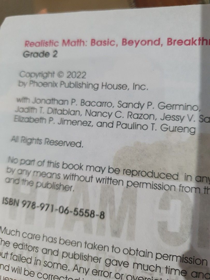 Realistic Math Basic, Beyond, Breakthroughs Grade 2 Phoenix Publishing House (Category: Textbooks) located in Guagua. Submitted by lavieestviah (Listing ID 1468942876, Image 2). Description: - Title: Realistic Math: Basic, Beyond, Breakthroughs (Grade 2) - Publisher: Phoenix Publishing House - Publication Year: 2022 - Authors: Jonathan P. Bacarro, Sandy P. Germino, Jadith T. Ditablan, Nancy C. Razon, Jessy V. Saulo, Elizabeth P. Jimenez, Paulino 