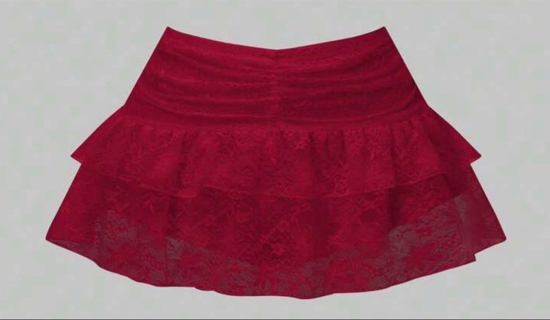 Red Lace Tiered Ruffle Mini Skirt (Category: Skirts) located in Caloocan City. Submitted by sheshesheshesheshe13 (Listing ID 1469144684, Image 1). Description: - Color: Vibrant burgundy/deep red - Design: Double-layered lace flare with flowy hem and playful ruffles - Fit: High-waisted with a comfortable, stretchy ruched top panel - Styling: Perfect for night outs or casual wear; great with boots or sneakers -Condition: Like new/ Used Once Perfect