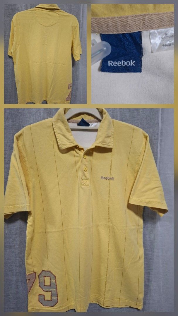 Reebok Yellow Polo Shirt Size M (Category: Tshirts & Polo Shirts ) located in Manila. Submitted by jazil.ladyliz (Listing ID 1469071822, Image 1). Description: - Brand: Reebok - Size: Medium (M) - Color: Vibrant Yellow - Material: 100% Cotton (Made in China) - Design: Classic collar, 2-button placket, stylish vertical pin stripes - Details: Embroidered Reebok logo on chest, large number 79 graphic patch near bottom hem - Condition: Excellent, rea