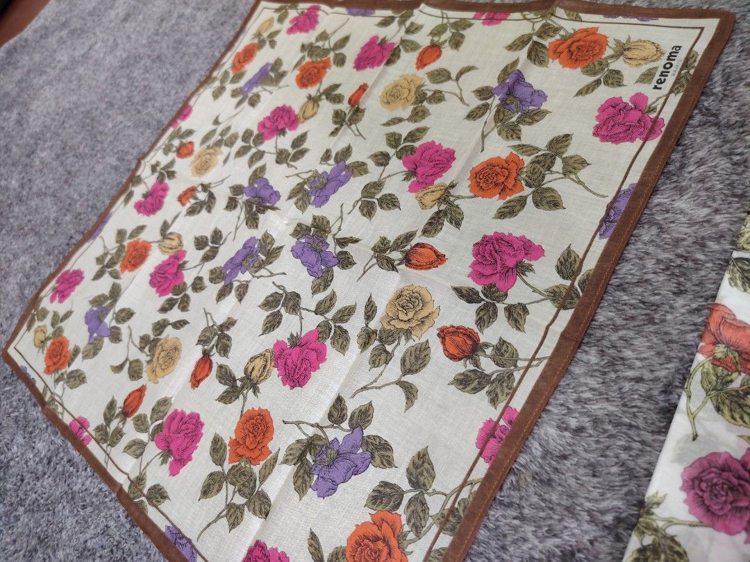 RENOMA PANYO BUNDLE (Category: Other Accessories) located in Valenzuela. Submitted by anna.banana10 (Listing ID 1469093800, Image 3). Description: - Brand: Renoma Paris - Quantity: Set of 2 handkerchiefs - Design: Beautiful floral rose prints (one with brown border, one with black border and brand tag) - Size: 42 x 42 cm each - Material: Soft, high-quality cotton - Condition: Unused and cleanly stored - Versatile: Great for daily carry or as styl