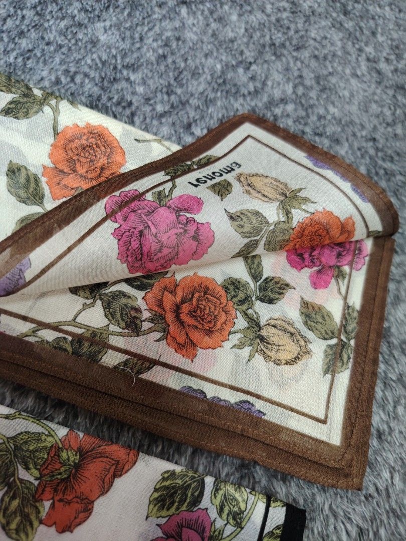 RENOMA PANYO BUNDLE (Category: Other Accessories) located in Valenzuela. Submitted by anna.banana10 (Listing ID 1469093800, Image 2). Description: - Brand: Renoma Paris - Quantity: Set of 2 handkerchiefs - Design: Beautiful floral rose prints (one with brown border, one with black border and brand tag) - Size: 42 x 42 cm each - Material: Soft, high-quality cotton - Condition: Unused and cleanly stored - Versatile: Great for daily carry or as styl