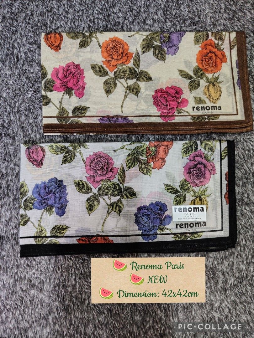 RENOMA PANYO BUNDLE (Category: Other Accessories) located in Valenzuela. Submitted by anna.banana10 (Listing ID 1469093800, Image 1). Description: - Brand: Renoma Paris - Quantity: Set of 2 handkerchiefs - Design: Beautiful floral rose prints (one with brown border, one with black border and brand tag) - Size: 42 x 42 cm each - Material: Soft, high-quality cotton - Condition: Unused and cleanly stored - Versatile: Great for daily carry or as styl