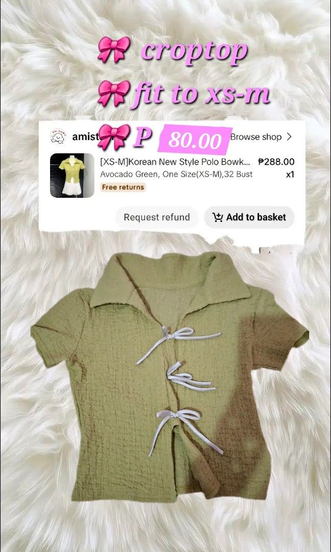 Ribbon Crop Top (Category: Blouses) located in Makati City. Submitted by sincerlykimberly (Listing ID 1469074029, Image 1). Description: 🎀 fit to xs-m 🎀 for reference i am 48kg 🎀 shipping fee will be shouldered by buyer :).