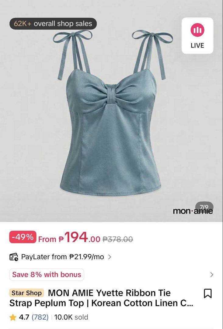 Ribbon Tie Strap Peplum Top (Category: Sleeveless) located in Bulacan. Submitted by clothesbyash (Listing ID 1469027541, Image 2). Description: - Can fit XXS to Xs - Only used once - Good fit - Color Blue Gray - Fitted Top .