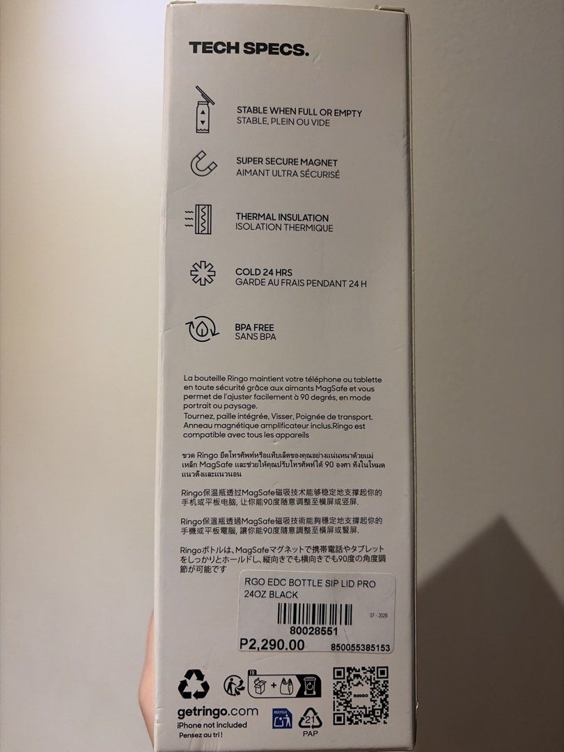 Ringo The Tripod Bottle 24oz Black MagSafe (Category: Water Bottles & Tumblers) located in Manila. Submitted by xdlsco (Listing ID 1469137682, Image 2). Description: - Brand: Ringo EDC Bottle Sip Lid Pro - Capacity: 24oz - Color: Black - Condition: Brand new in unopened box - Built-in MagSafe magnet securely holds phone/tablet - Adjustable 90-degree mount for portrait and landscape modes - Keeps drinks cold for up to 24 hours with thermal insulat