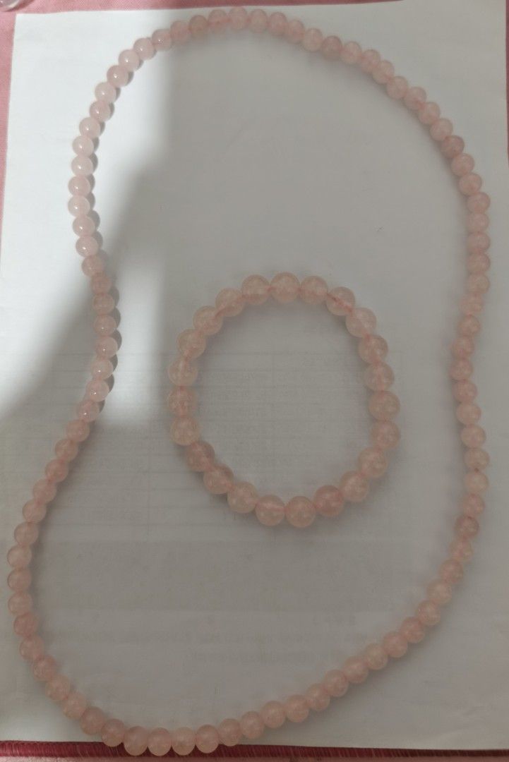 Rose Quartz Bead Necklace and Bracelet Set (Category: Necklaces) located in Batangas. Submitted by decluttering_bliss (Listing ID 1469083853, Image 1). Description: - Matching pink rose quartz necklace and bracelet set - Made with natural stone spheres - Soft pastel pink shade - Versatile: wear separately or together - Ideal for daily outfits or as a gift.