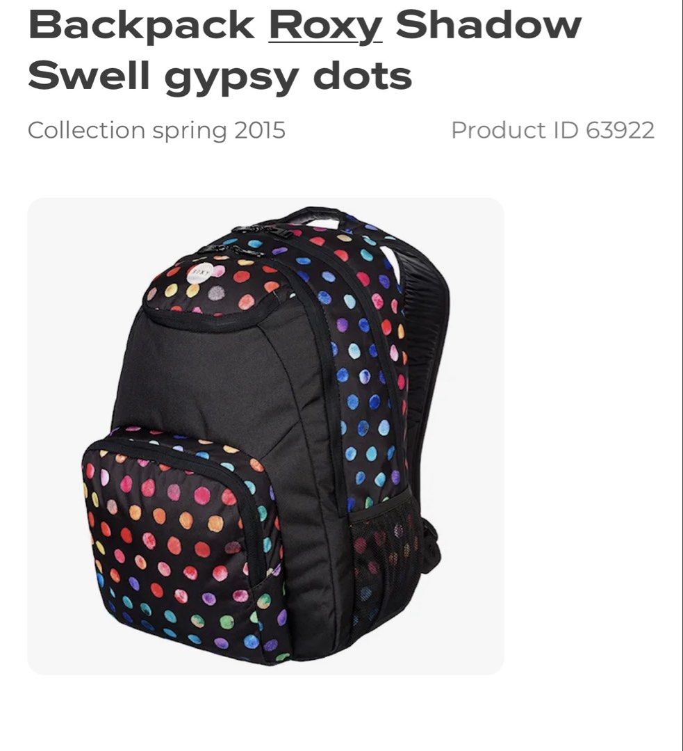 Roxy Polka Dot Black Backpack (Category: Backpacks) located in Cebu City. Submitted by liatan08 (Listing ID 1468957376, Image 2). Description: - Brand: Roxy - Color: Black with vibrant colorful polka dots - Compartments: Roomy main compartment and front zip pocket for easy access - Comfort: Padded shoulder straps for all-day comfort - Details: Made in Vietnam (RN 114199, CA 52199 tags intact) - Best For: School, work, travel, or casual everyday u