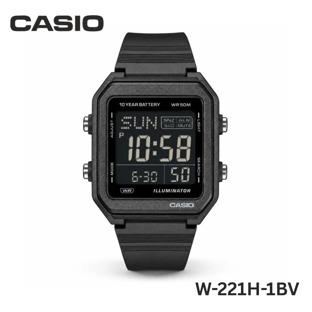 (Rush SALE!!!) CASIO W-221H-1BV (all black stealth version) (Category: Men's Watches) located in Makati City. Submitted by Xerberus (Listing ID 1467492854, Image 1). Description: (Rush SALE!!!) CASIO W-221H-1BV (all black stealth version) Slip on a simple, yet practical digital watch with a boldly angular design. With large LCD for outstanding visibility, LED backlight for an easy read, and a 10-year battery that keeps you going for years, this w
