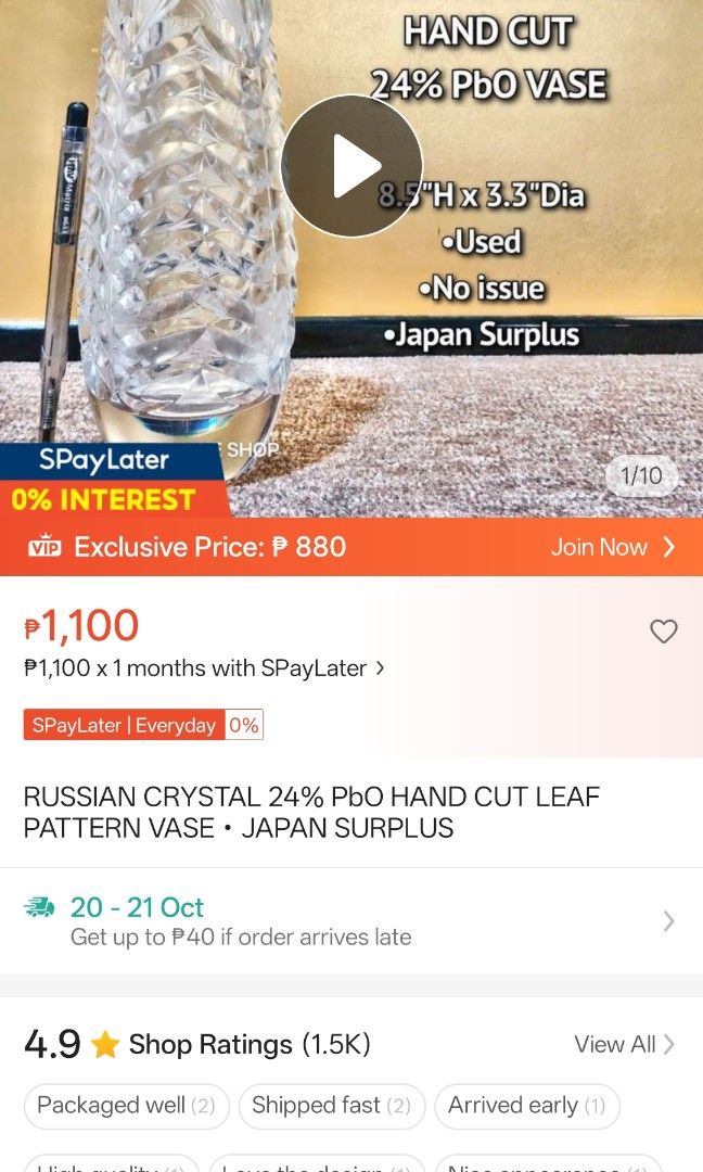RUSSIAN CRYSTAL 24% PbO HAND CUT LEAF PATTERN VASE • JAPAN SURPLUS (Category: Vases & Decorative Bowls) located in Mabalacat. Submitted by salwanaonlineshop (Listing ID 1468951284, Image 2). Description: RUSSIAN CRYSTAL 24% PbO HAND CUT LEAF PATTERN VASE • JAPAN SURPLUS 🇯🇵 Used - Good Condition 🇯🇵 Makapal 🇯🇵 Leaf-cut pattern 🇯🇵 No issue 🇯🇵 Japan Source (Surplus) 📌 ENJOY DISCOUNT VOUCHERS ON S.H.O.P.E.E and L.A.Z.A.D.A - Salwana Online 