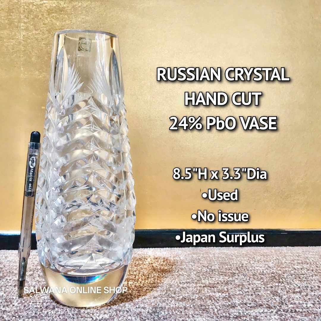 RUSSIAN CRYSTAL 24% PbO HAND CUT LEAF PATTERN VASE • JAPAN SURPLUS (Category: Vases & Decorative Bowls) located in Mabalacat. Submitted by salwanaonlineshop (Listing ID 1468951284, Image 1). Description: RUSSIAN CRYSTAL 24% PbO HAND CUT LEAF PATTERN VASE • JAPAN SURPLUS 🇯🇵 Used - Good Condition 🇯🇵 Makapal 🇯🇵 Leaf-cut pattern 🇯🇵 No issue 🇯🇵 Japan Source (Surplus) 📌 ENJOY DISCOUNT VOUCHERS ON S.H.O.P.E.E and L.A.Z.A.D.A - Salwana Online 