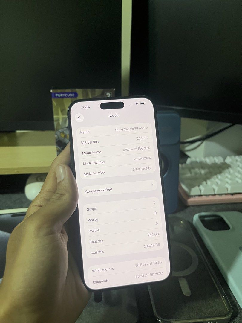 sale or swapiphone 15 pro max (Category: iPhone 15 Series) located in Manila. Submitted by gene0805 (Listing ID 1469058577, Image 3). Description: - Model: iPhone 15 Pro Max - Storage: 256GB - Color: Blue Titanium - Battery Health: 88% - Condition: Good, well-maintained - Inclusions: Original box, tempered glass, and multiple protective cases - Transaction: Sale or Swap - Meetup Location: Valenzuela City.