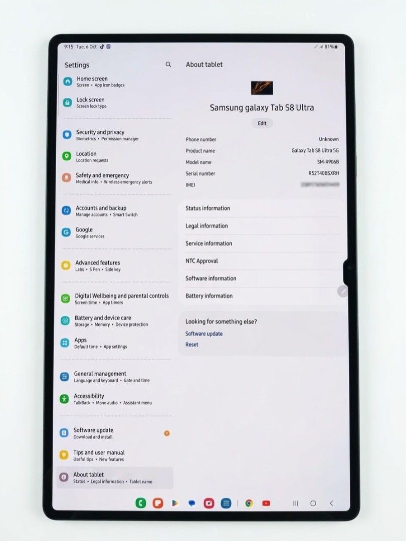 Samsung Galaxy Tab S8 Ultra 12/256 (Category: Android) located in Marikina City. Submitted by jbrrt (Listing ID 1465420882, Image 2). Description: Display: 14.6-inch Super AMOLED (2960 x 1848 WQXGA+) with 120Hz refresh rate. [1] Processor: Snapdragon 8 Gen 1 (4nm). [1] • Cameras: Dual front-facing cameras (12MP wide + 12MP ultra-wide) and dual rear cameras (13MP main + 6MP ultra-wide). • Battery: 11,200mAh battery supporting up to 45W super-fast 