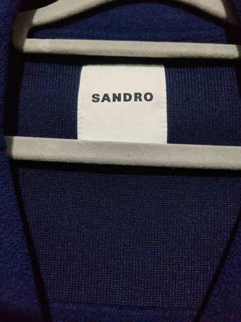 Sandro Blue Knit Jacket with Gold Buttons (Category: Coats, Jackets and Outerwear) located in Quezon City. Submitted by sashasarisarishoppe (Listing ID 1469014036, Image 3). Description: - Brand: Sandro - Color: Blue - Style: Structured knit jacket with point collar and shoulder epaulets - Details: Twin chest flap pockets and elegant gold-toned crest buttons - Sleeves: Long with folded cuffs - Fabric: Soft, textured knit - Condition: Excellent, H