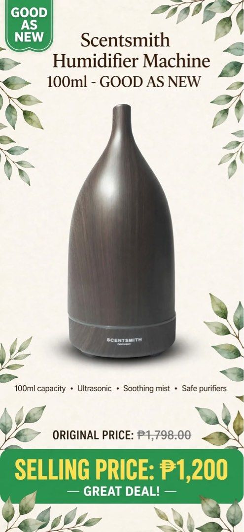 Scentsmith Humidifier Machine 100ml (Category: Air Purifiers & Dehumidifiers) located in Rizal. Submitted by nicoyyyyy (Listing ID 1469142656, Image 1). Description: - Brand: Scentsmith - Capacity: 100ml water tank - Mechanism: Ultrasonic for safe, soothing mist - Design: Elegant dark wood grain finish that fits modern room decor - Original retail price was ₱1,798, now offered at a lower price 1,200.