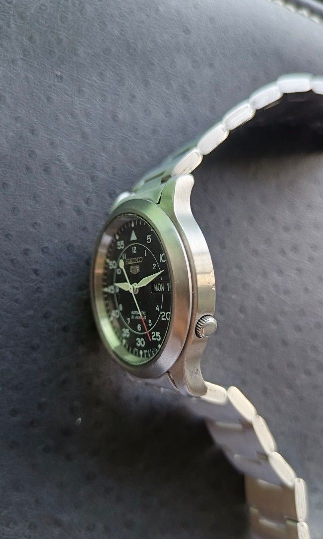 Seiko 5 MILITARY (Category: Luxury Watches) located in Manila. Submitted by arcads97 (Listing ID 1469108656, Image 3). Description: FOR SALE Pre-owned SEIKO 5 "FIELD MILITARY" -Legit automatic seiko 7S26 movement -clean black military dial -37mm case diameter -can fit up to 7.5inch wrist -day/date funtion quickset all working -21jewels -case/bracelet stainless steel -luminous hands and markers -Newly serviced and polished -all original -all worki