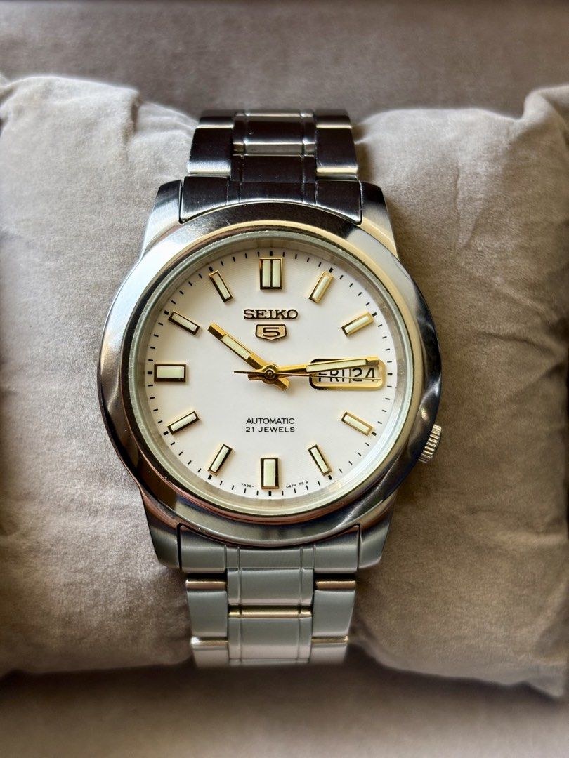 Seiko 5 (SNKK07) White gold (Category: Men's Watches) located in Dumaguete. Submitted by aszkicker02 (Listing ID 1469093668, Image 1). Description: FOR SALE TIMELESS PIECE❗️ Seiko 5 (SNKK07) White gold 7s26 caliber | automatic watch 38mm case size Preloved original 🏷️3.9k only #LuMaraCollections #watches #WatchNow #WatchThis #WatchParty.