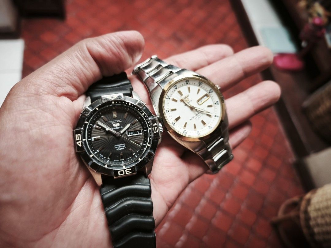 Seiko 5 Sports Automatic (4 pcs) (Category: Men's Watches) located in Manila. Submitted by raffy.dlc (Listing ID 1468965079, Image 2). Description: Seiko 5 Sports (4pcs) 7S36 automatic movement Made in Japan, 23 Jewels 100 Meters water resistant All original Head and Bracelet Gold wave Dial, two tone silver and gold, 40mm PHP 3,200 Yellow Gold wave Dial, gold bracelet, 40mm PHP 2,200 Textured Black dial, "Mini Stargate" With AM rubber strap, rota