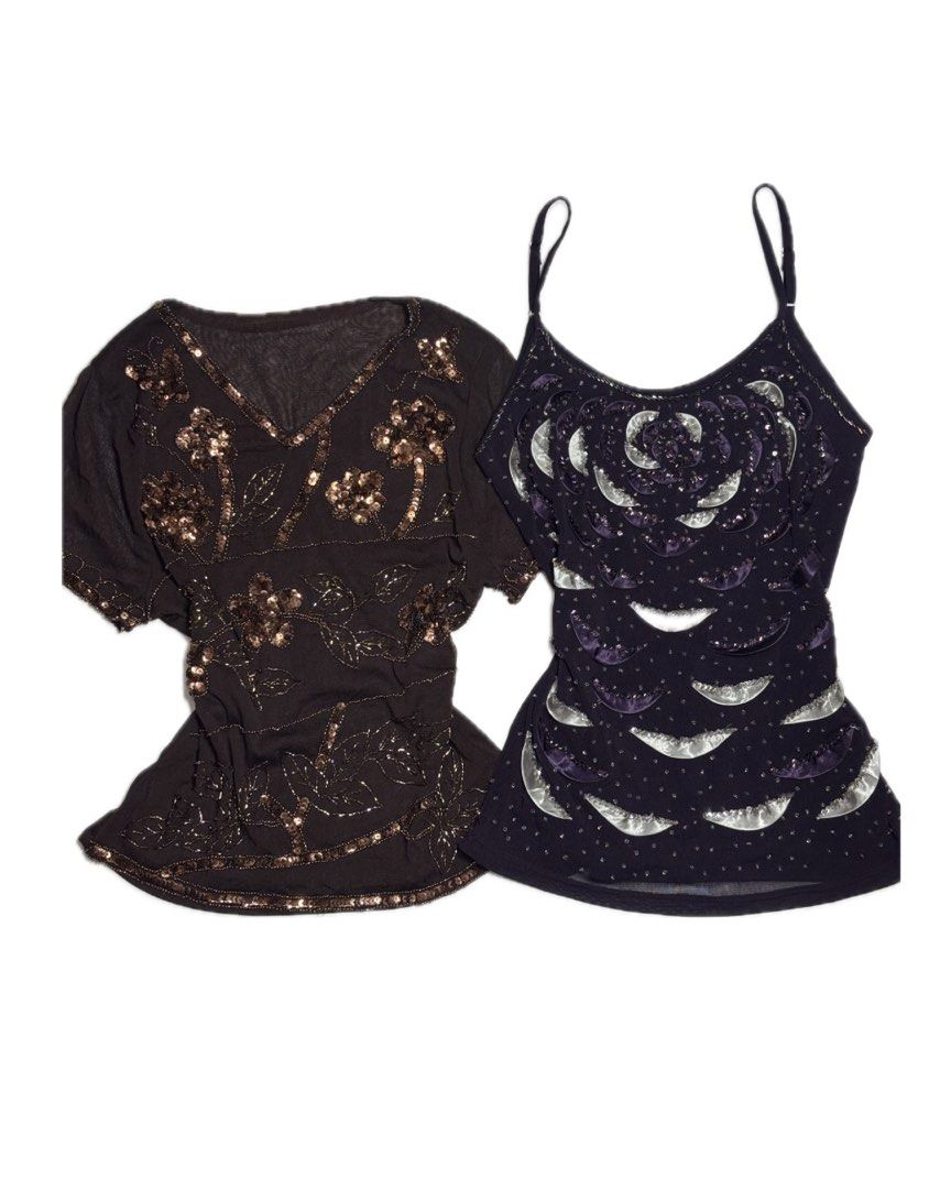 sequin floral & floral beaded top set (Category: Sleeveless) located in Mabalacat. Submitted by lueur.rei (Listing ID 1469089101, Image 1). Description: ⊹ ࣪ ˖ S-M ⊹ ࣪ ˖ missing beads on purple top ⊹ ࣪ ˖ adjustable strap ⊹ ࣪ ˖ sellers fave 𖧧 mine: ₱650 𖧧 steal: ₱700 𖧧 lock (au): ₱750 — eob: OCT 20 - 8 PM ⊹₊˚‧︵‿₊୨ᰔ୧₊‿︵‧˚₊⊹ — measurements were taken in flat lay — picture may vary due to lighting — please read guidelines before buying — once item 