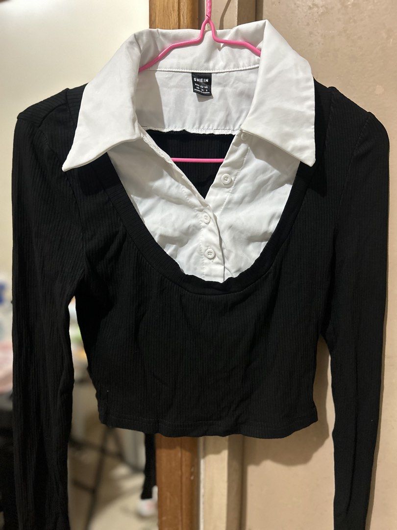 Shein Black and White Collared Long Sleeve Crop Top (Category: Longsleeves) located in Manila. Submitted by prelovedbyeljodi (Listing ID 1469095528, Image 1). Description: ✨ As good as new — used only once! 📌 RFS: Decluttering .