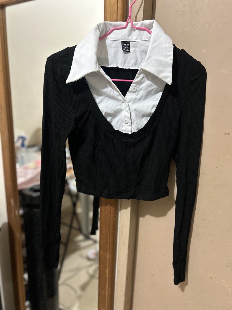 Shein Black and White Collared Long Sleeve Crop Top (Category: Longsleeves) located in Manila. Submitted by prelovedbyeljodi (Listing ID 1469095528, Image 2). Description: ✨ As good as new — used only once! 📌 RFS: Decluttering .