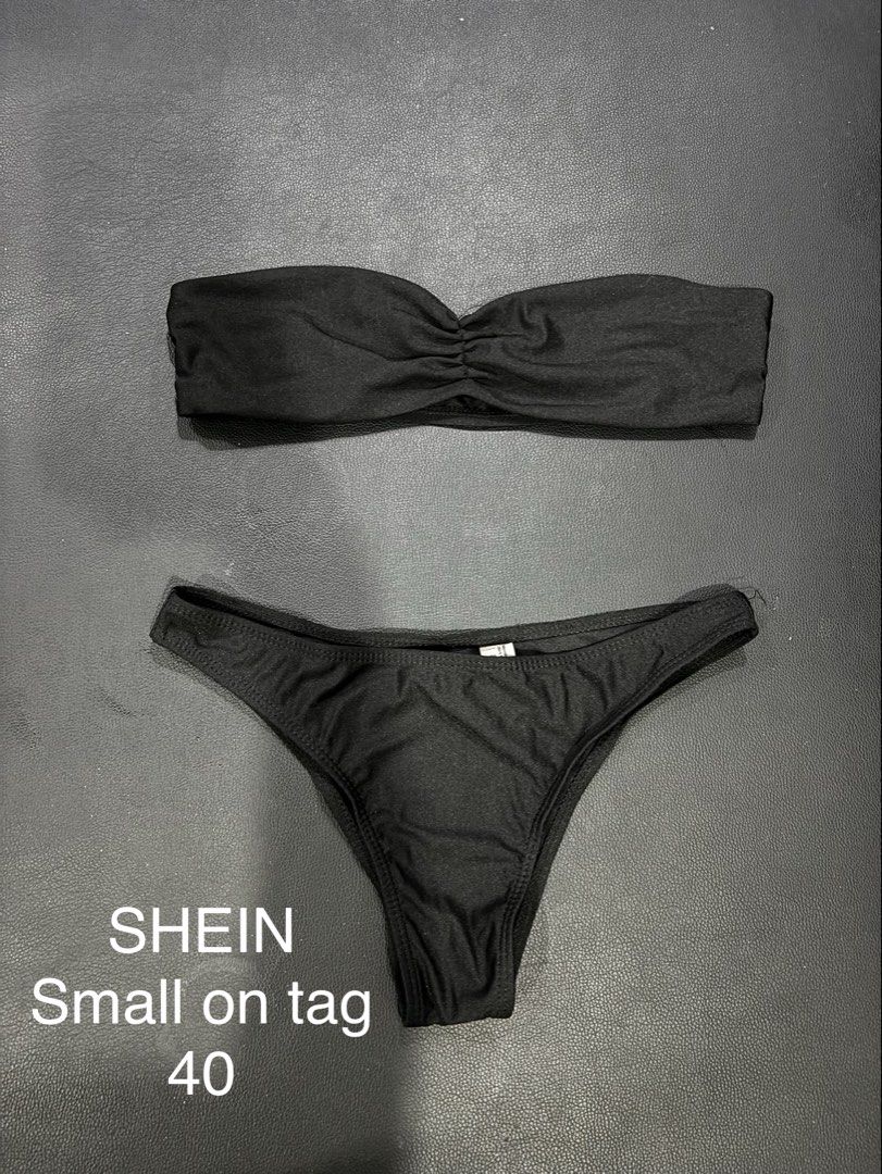 SHEIN black two-piece bikini set size S (Category: Bikinis & Swimsuits) located in Valenzuela. Submitted by cleighr (Listing ID 1469098176, Image 1). Description: - Brand: SHEIN - Size: Small - Color: Solid Black - Style: Strapless bandeau top with center ruching and low-rise cheeky bottoms - Condition: Clean fabric with good stretch - Ideal for: Swimming, beach days, and vacations.