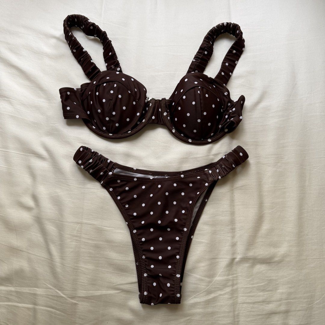 SHEIN Brown Polka Dot Underwire Bikini Set Size S (Category: Bikinis & Swimsuits) located in Pasig City. Submitted by notshynotmeee (Listing ID 1468969907, Image 1). Description: - Brand: SHEIN - Size: S (tag attached) - Color/Pattern: Brown and white polka dot - Top: Underwire with cute ruffled straps - Bottoms: Flattering side ruching detail - Condition: Worn once, freshly washed, and clean - Ideal for: Beach trips and pool days.