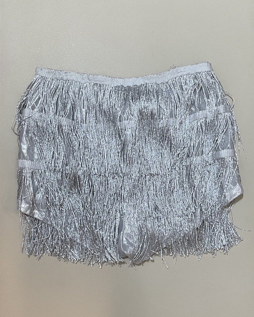 SHEIN Cami Silver Fringe Two-Piece Set (Category: Sets or Coordinates) located in Caloocan City. Submitted by anjouir (Listing ID 1469052210, Image 3). Description: — ₱ 800 — Details: Crop top with spaghetti straps and back zipper; matching high-waisted shorts with all-over tiered fringe - Condition: Worn once only to fit and stored safely since then — Mop: Gcash — Loc: South Caloocan City .