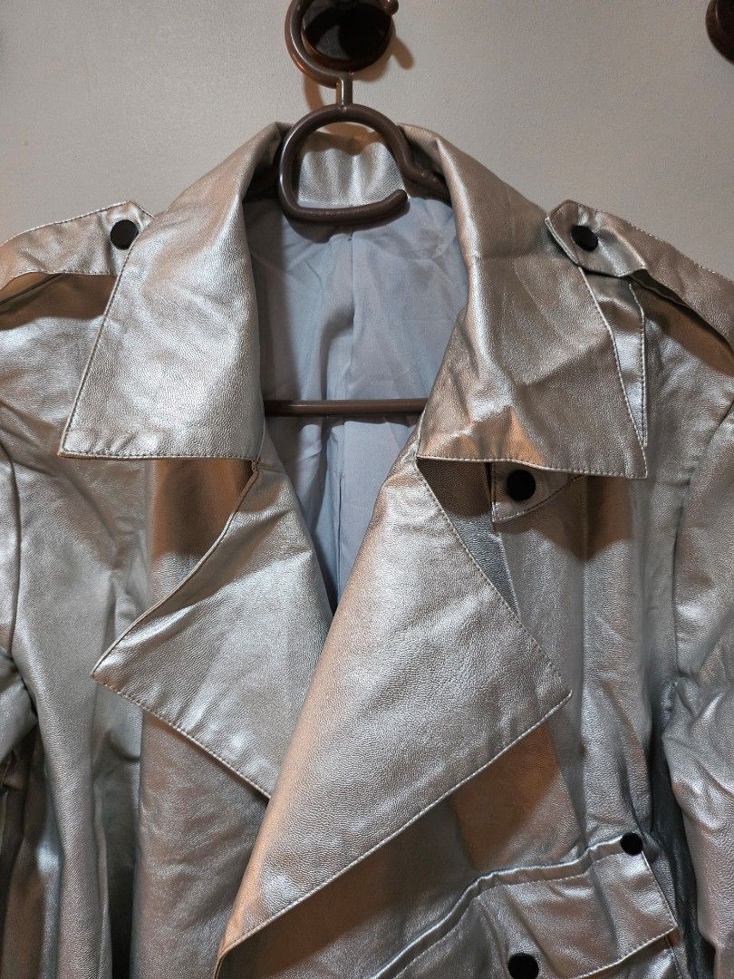 Shein Oversized Faux Leather Jacket (Silver) (Category: Coats, Jackets and Outerwear) located in Quezon City. Submitted by nndvy (Listing ID 1469023573, Image 2). Description: - Brand: Shein - Size: M (oversized) - Bust Width: 48cm - Length: 58cm - Condition: Used only once. Wrinkles from storage could still be ironed off - RFS: Decluttering - MOP: Gcash, BPI, Unionbank, BDO - Delivery: GrabExpress, Lalamove, LBC (shouldered by buyer).
