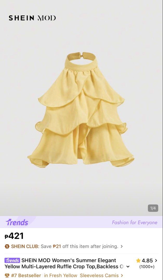 Shein Ruffle Crop Top Yellow (Category: Blouses) located in Manila. Submitted by trishcutie (Listing ID 1468963928, Image 1). Description: Bought this for 420 on the Shein App. Used once for picture taking lang. .