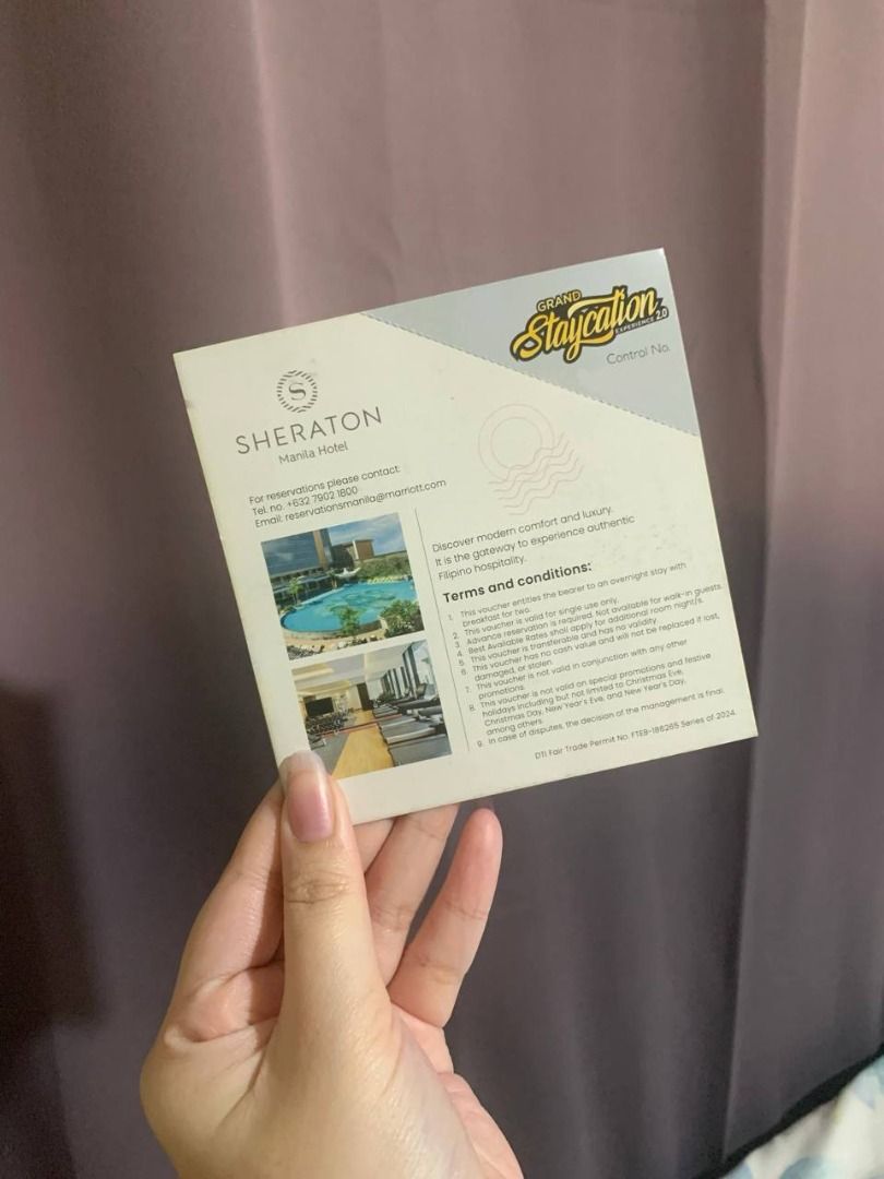 Sheraton Manila Hotel Overnight Staycation (Category: Local Attractions & Transport) located in Caloocan City. Submitted by migoooy_ (Listing ID 1469039449, Image 1). Description: ✅Inclusions: 🛏️ Deluxe guest room (subject to availability) 🍴 With bfast buffet for 2pax 🏊 Pool, Gym & play area access 🧴 Complimentary hygiene kit & toiletries 🛜 Free wifi access You get to choose the date of your stay! RFS: Change of plans .