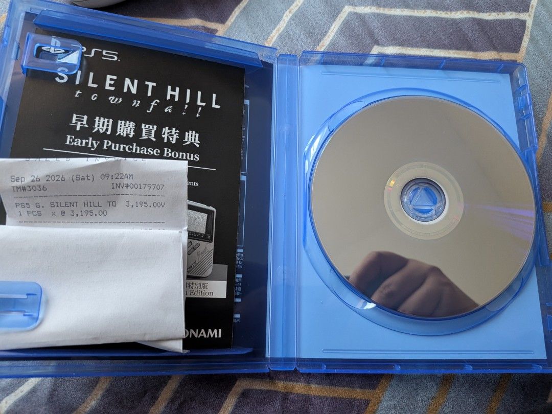 Silent Hill Townfall PS5 Game Disc with Case (Category: PlayStation) located in Marikina City. Submitted by patches_1n1d9m (Listing ID 1468982822, Image 3). Description: - Game: Silent Hill Townfall (PlayStation 5 physical copy) - Condition: Played once, disc is pristine and scratch-free - Inclusions: Original case, insert leaflets, and unused codes - Proof of Purchase: Original receipt included (dated September 26, 2026) - Region: As pictured on