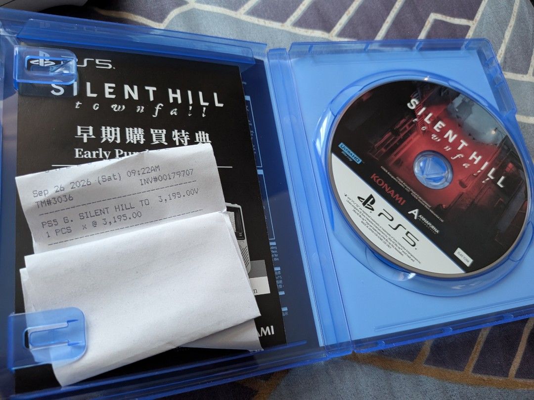 Silent Hill Townfall PS5 Game Disc with Case (Category: PlayStation) located in Marikina City. Submitted by patches_1n1d9m (Listing ID 1468982822, Image 2). Description: - Game: Silent Hill Townfall (PlayStation 5 physical copy) - Condition: Played once, disc is pristine and scratch-free - Inclusions: Original case, insert leaflets, and unused codes - Proof of Purchase: Original receipt included (dated September 26, 2026) - Region: As pictured on
