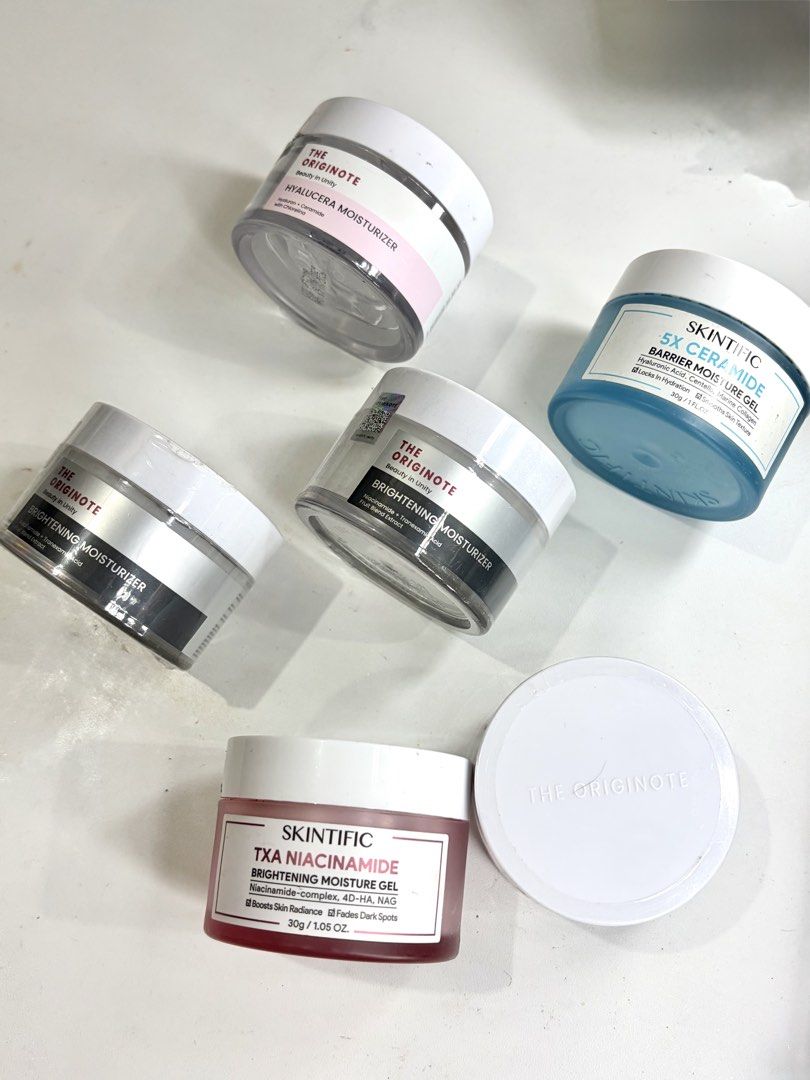 Skintific & The Originote Moisturizer Gel Bundle (Category: Face Care) located in Abucay. Submitted by declutterwyana (Listing ID 1469151278, Image 1). Description: - 4-jar moisturizer bundle: Skintific & The Originote - Included: Skintific 5X Ceramide & TXA Niacinamide - Included: The Originote Hyalucera & Brightening Moisturizer - Perfect for daily hydration and brightening skincare routines - Bundle purchase preferred, but individual jars avai