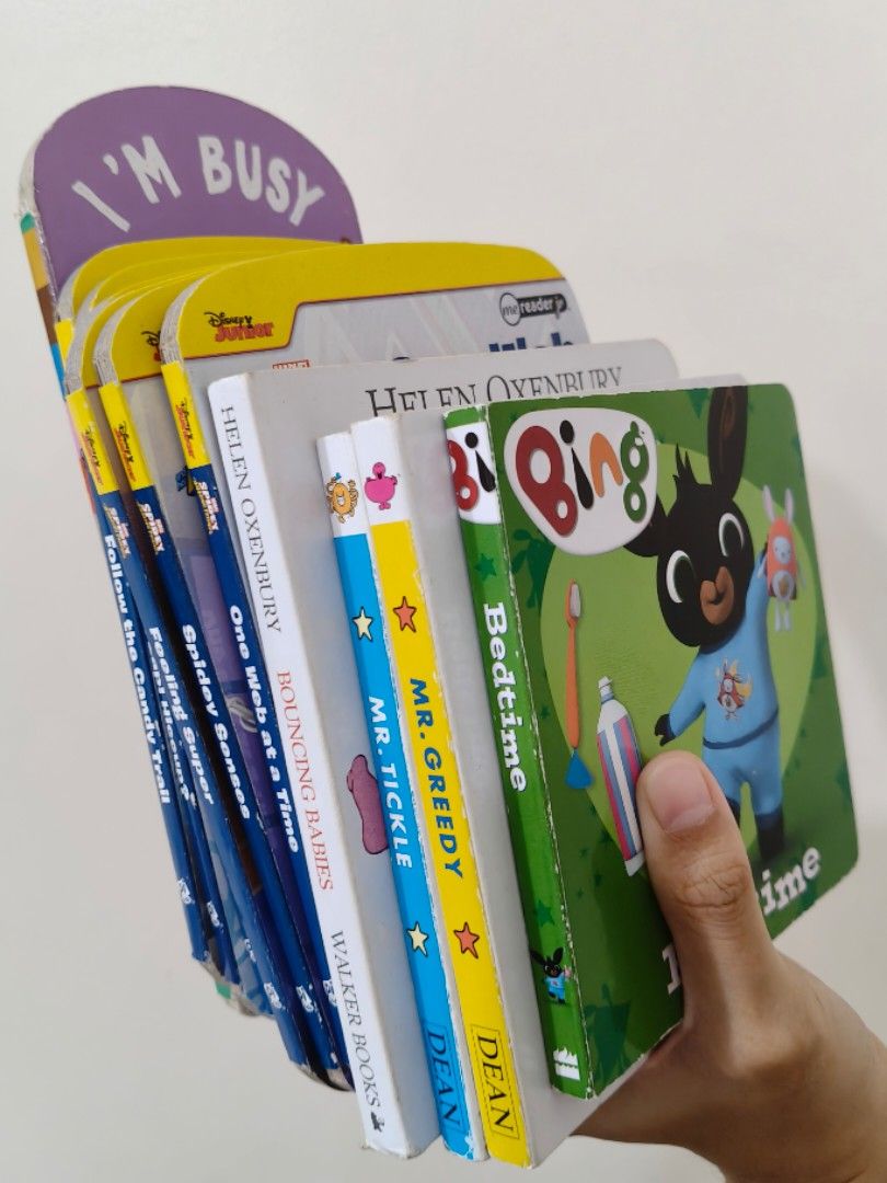 Small assorted board books bundle (12pcs) (Category: Children's Books) located in Makati City. Submitted by wowkidsbook (Listing ID 1468406839, Image 2). Description: Bundle includes the following: - Bing Bedtime - Mr. Tickle - Mr. Greedy - Bouncing Babies - Spidey: Thwip! Zap! Hiccup? - Spidey: Go Team Spidey! - Spidey: Strength in Numbers - Spidey: Feeling Super - Spidey: Spidey Senses - Spidey: One Web at a Time - Spidey: Follow the Candy Trai