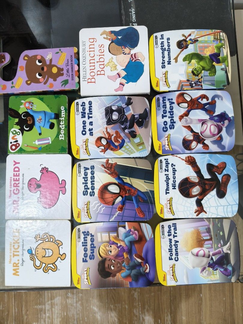 Small assorted board books bundle (12pcs) (Category: Children's Books) located in Makati City. Submitted by wowkidsbook (Listing ID 1468406839, Image 3). Description: Bundle includes the following: - Bing Bedtime - Mr. Tickle - Mr. Greedy - Bouncing Babies - Spidey: Thwip! Zap! Hiccup? - Spidey: Go Team Spidey! - Spidey: Strength in Numbers - Spidey: Feeling Super - Spidey: Spidey Senses - Spidey: One Web at a Time - Spidey: Follow the Candy Trai