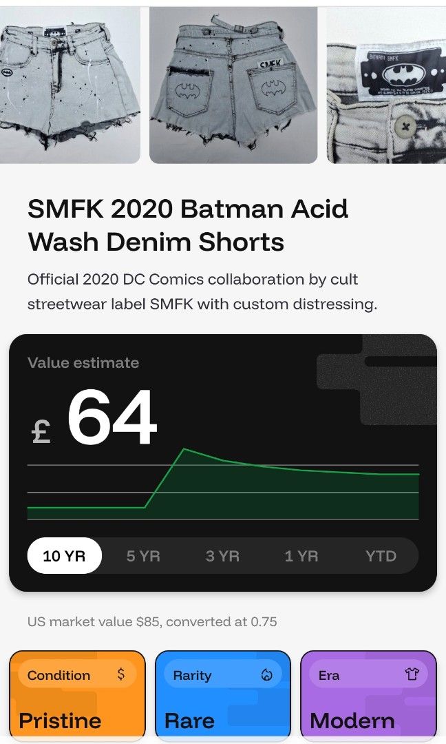 SMFK × Batman DC Comics 2020 Rare Size 22-23 (Category: Shorts) located in San Fernando. Submitted by analex05 (Listing ID 1466469422, Image 2). Description: - Brand: Batman x SMFK Collaboration - Design: Acid wash with black & white paint splatters - Details: Distressed look, raw frayed hem, Batman logo patches, and branded waist tag - Fit: Mid-waist with button closure and belt loops - Length: 11 inches - Condition: Super rare streetwear piece.