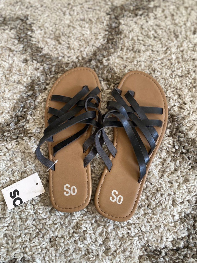 SO Black Strappy Flat Sandals Size 9 (Category: Flats & Sandals) located in Batangas. Submitted by lux_kimmy (Listing ID 1468988800, Image 2). Description: - Brand: SO | US Brand - Style: Flat strappy sandals - Colorway: Black and tan - Size: Women's 9 Medium Width - Condition: Brand new with original store tag attached, unworn, clean soles - Design: Multiple thin crossover straps for a stylish and comfortable fit.